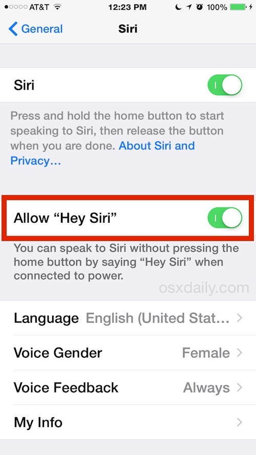 Включить голосовые команды Siri с Hey Siri