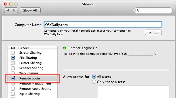 Включить и использовать SSH и SFTP-сервер в Mac OS X