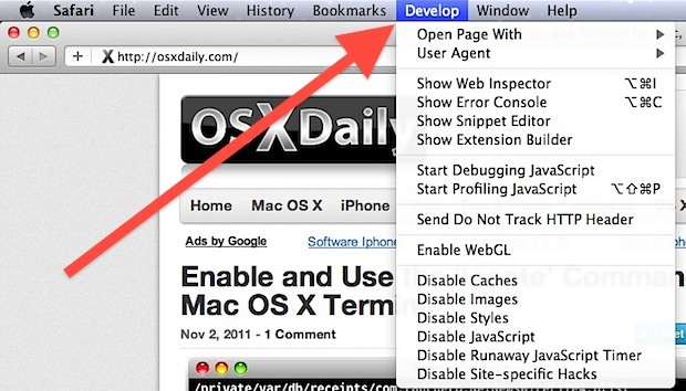 Меню Safari Developer, показанное в Mac OS X со многими функциями, ориентированными на развитие, доступно для браузера