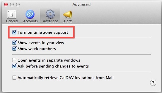 Включение часовых поясов в календаре для Mac OS X