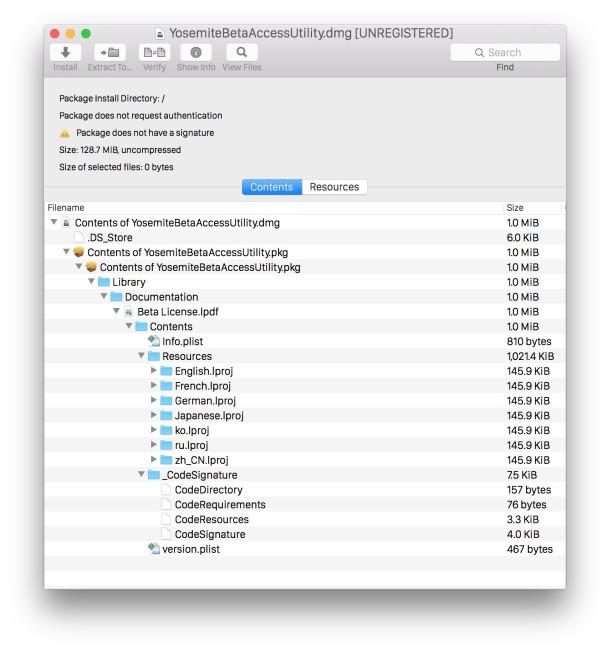 Пацифист просматривает файлы пакетов в OS X