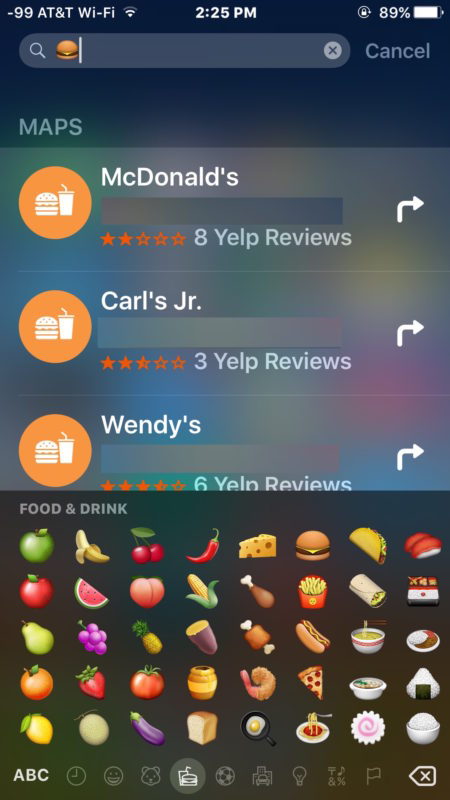 Поиск ресторанов бургер в центре внимания с Emoji