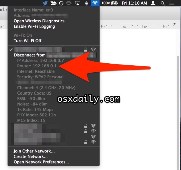 Найти IP-адрес маршрутизатора из меню Wi-Fi в Mac OS X