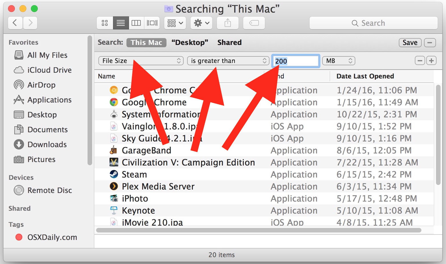 Найти большие файлы в Mac OS X с функцией поиска