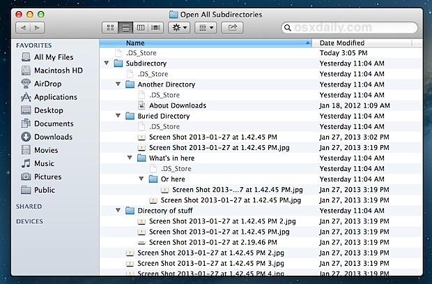 Вложенная структура каталогов сглаживается, как показано в Finder Mac OS X