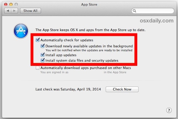 Использовать автоматические обновления в Mac OS X