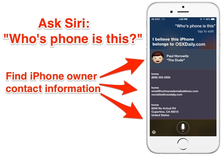 Найти контактную информацию владельца iPhone с Siri