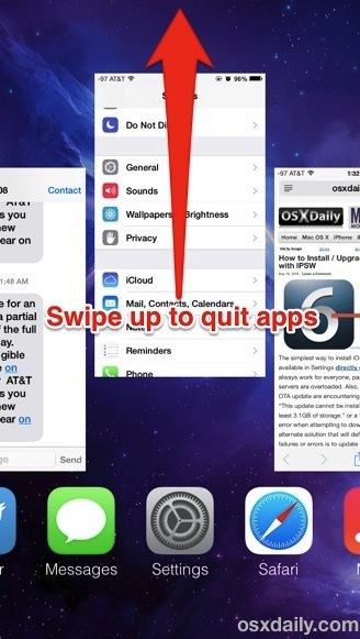 Проведите вверх, чтобы закрыть приложения в iOS 7