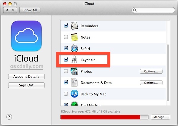 Включить брелок iCloud в Mac OS X
