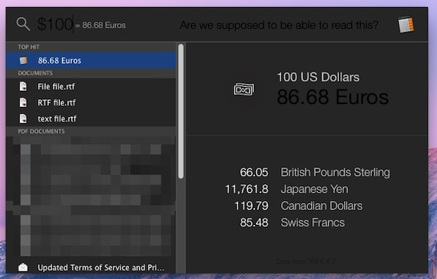 Конвертировать валюту с помощью Spotlight в OS X Yosemite, ошибка темного режима