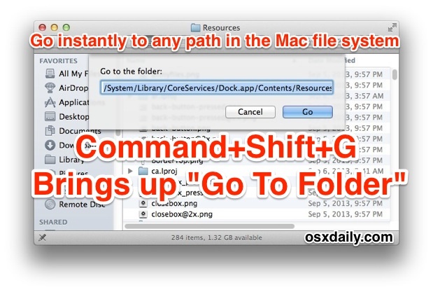 Перейти к папке нажатия клавиши в Mac OS X