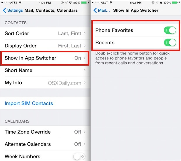 Отключить контакты и Избранное из App Switcher в iOS