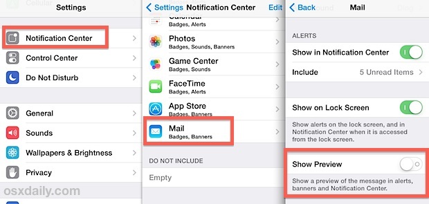 Скрыть предварительный просмотр электронной почты с экрана блокировки iPhone, iPad, iPod touch