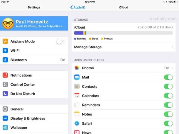 Настройки iCloud в iOS, как показано на iPad