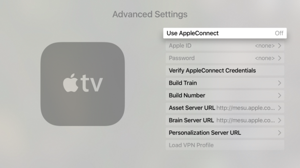 экран расширенных настроек Apple TV для ТВОС с различными внутренними опциями