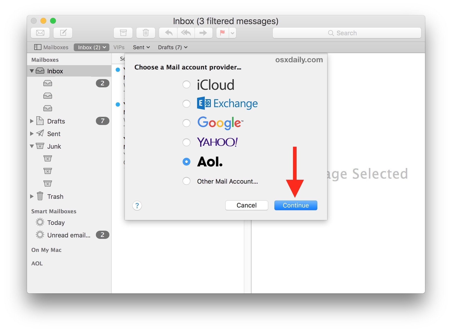 Выберите, какую учетную запись электронной почты нужно добавить на Mac