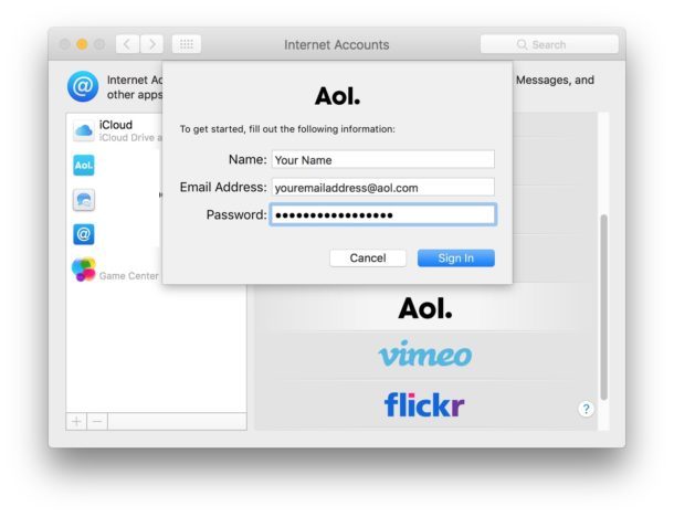 Добавить учетную запись электронной почты на Mac из интернет-системы Prefs