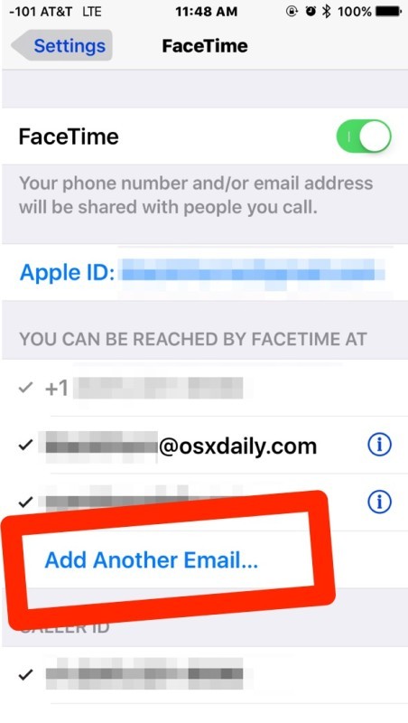 Добавить другой адрес электронной почты в Facetime в iOS