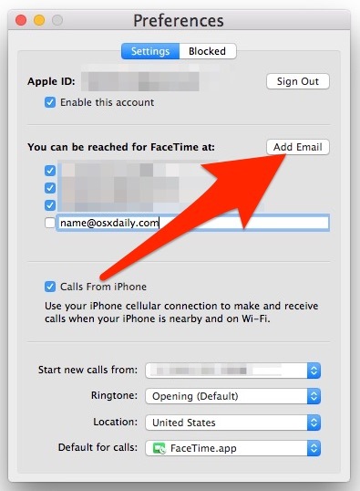 Добавить новый адрес FaceTime на Mac