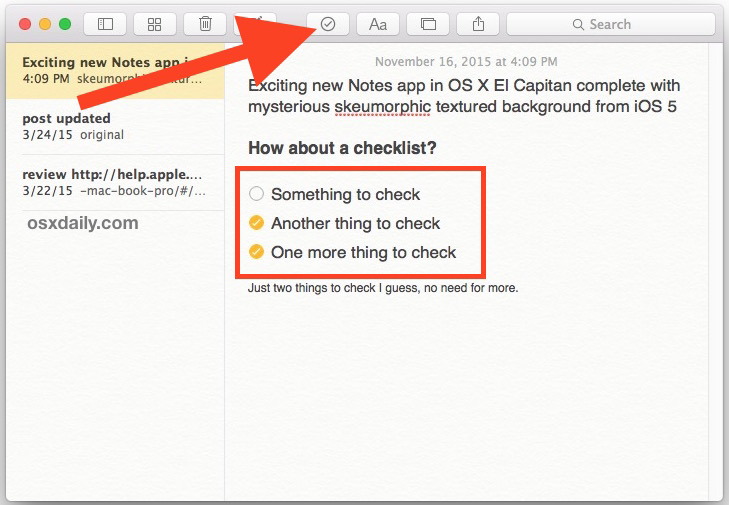 Вставить контрольный список в Notes в Mac OS X