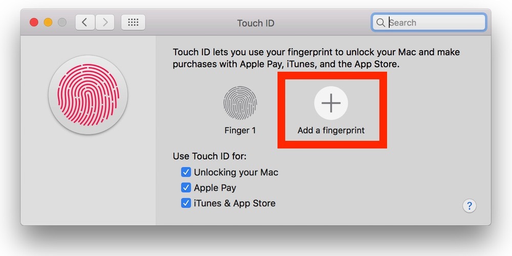 Добавить отпечаток пальца на сенсорный ID на Mac