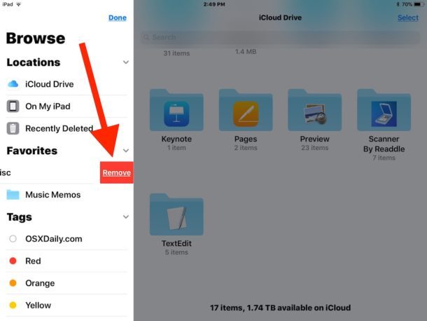 Удаление папки из списка избранного в приложении iOS Files