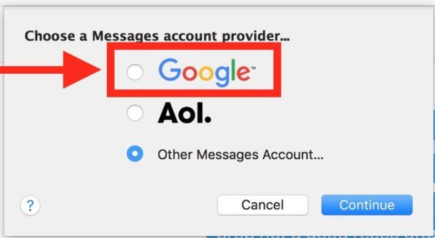 Выберите Google как аккаунт для сообщений для mac