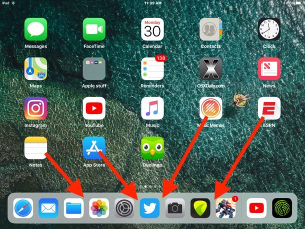 Перетащите приложения в iPad Dock, чтобы добавить больше приложений в Dock в iOS