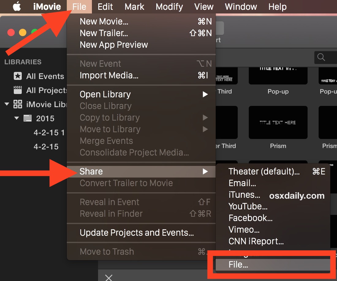 Как сохранить видео в виде файла в iMovie для Mac OS X