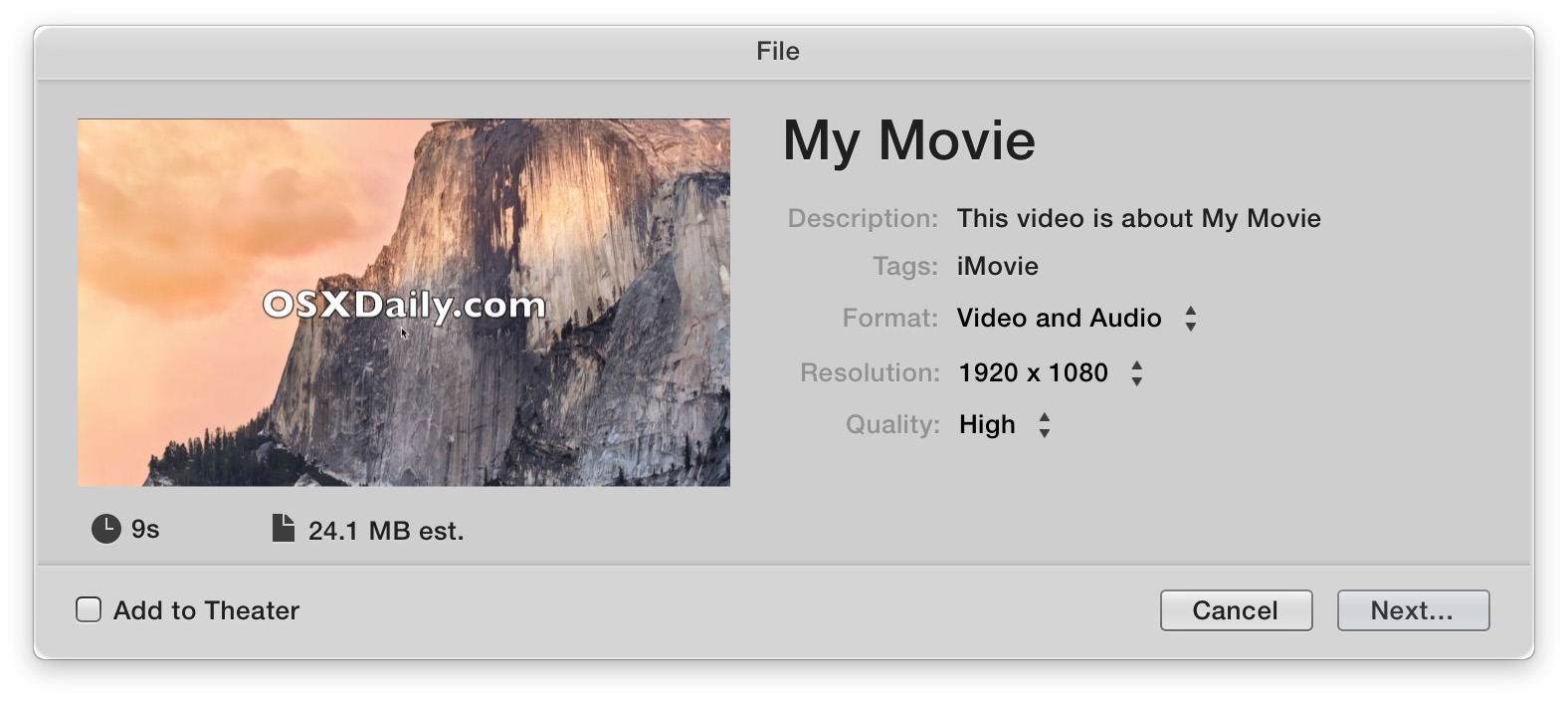 Сохранение видео с помощью iMovie для Mac OS X - это уникальный опыт сохранения файлов с помощью меню общего доступа