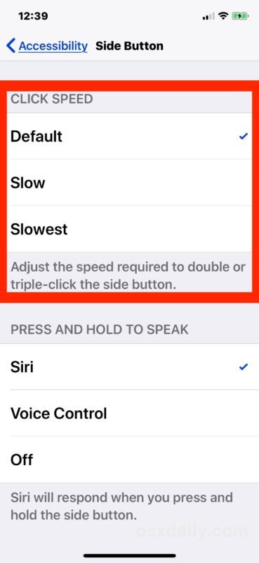 Настройте скорость нажатия боковой кнопки на iPhone X
