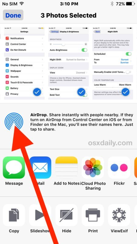 Нажмите значок AirDrop из общего доступа в iOS