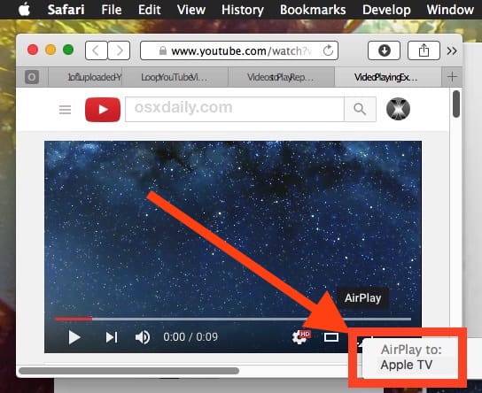 Выберите AirPlay YouTube с Mac на Apple TV