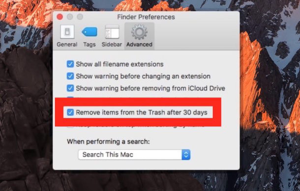 Автоматическое удаление элементов из корзины через 30 дней в Mac OS