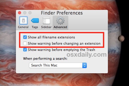 Отключите предупреждение об изменении расширения файла и включите расширения файлов расширений