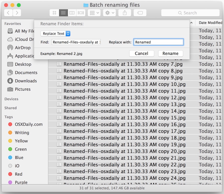 Выберите, как переименовать все выбранные файлы навалом с помощью инструмента переименования пакетов в Mac OS X