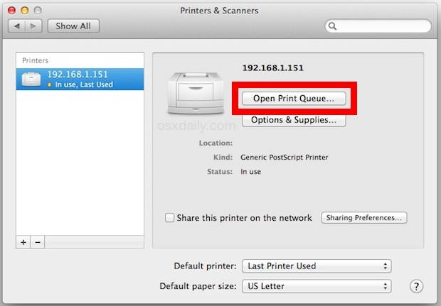 Откройте очередь печати в Mac OS X