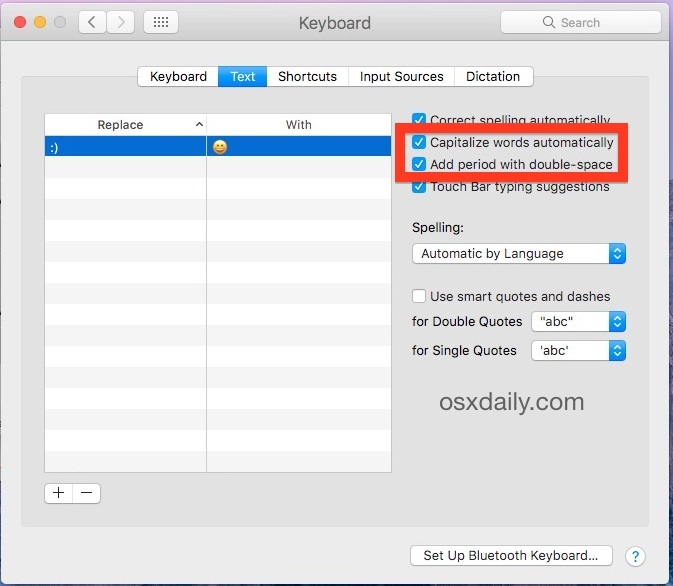 Автоматически использовать слова «Слова» и добавлять периоды с двойным пространством в Mac OS
