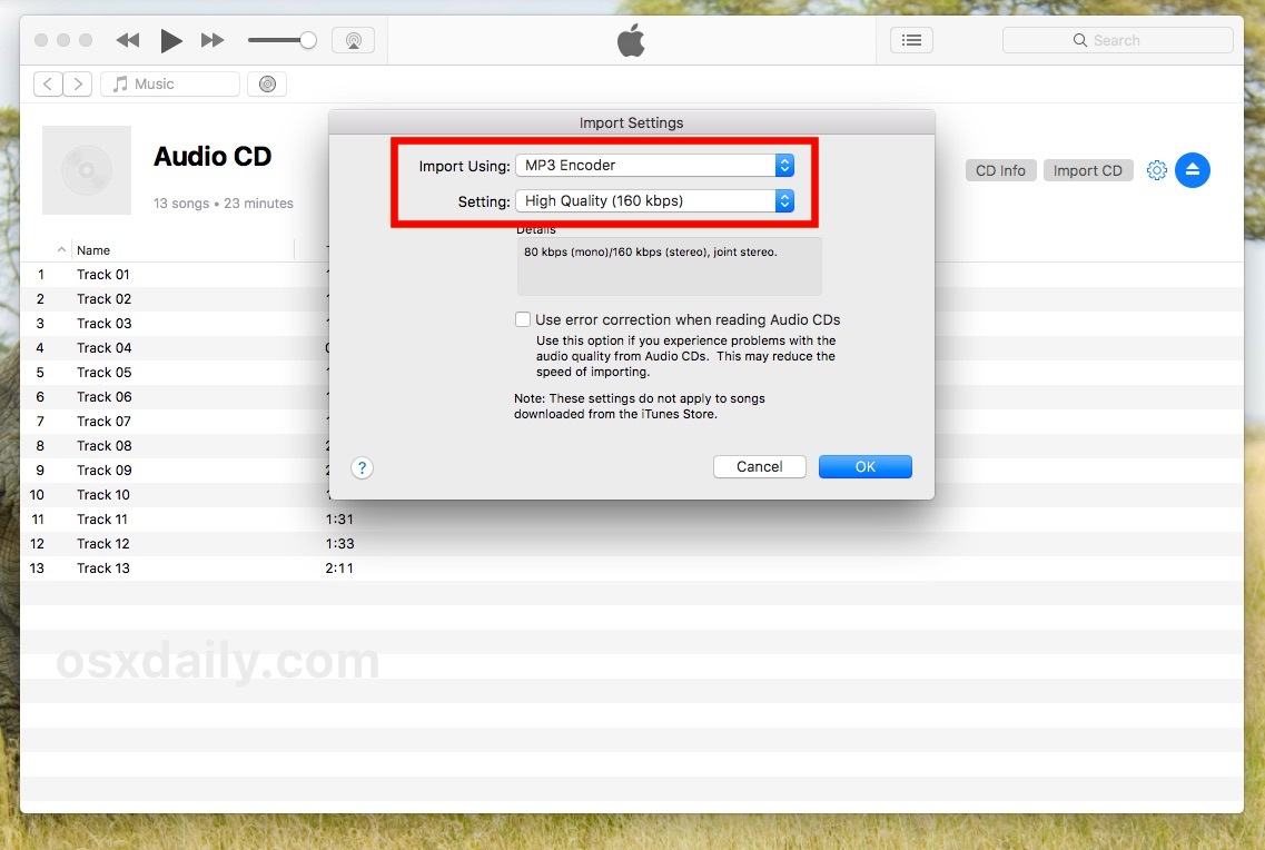 изменить настройки импорта аудио и аудиокодера и качество в iTunes