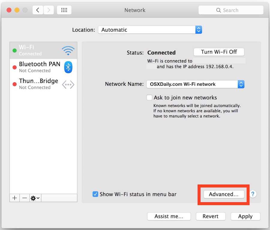 Доступ к настройкам DNS в панели настроек сети Mac OS X