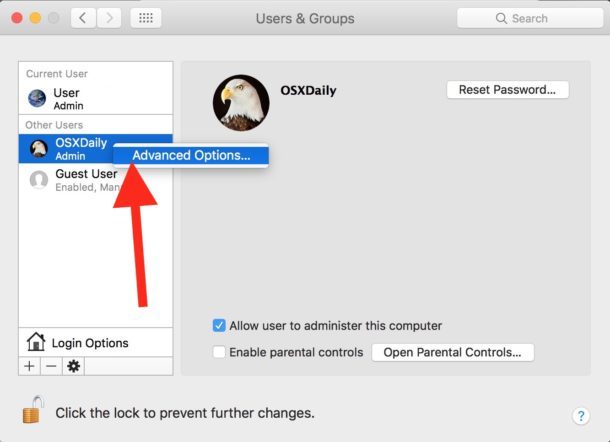 Выберите «Дополнительные параметры», чтобы изменить полное имя пользователя в Mac OS.