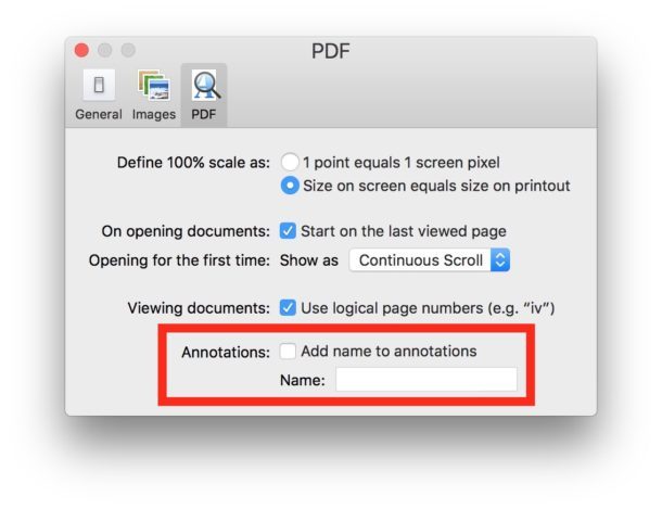 Отключить аннотацию имени в Preview для Mac