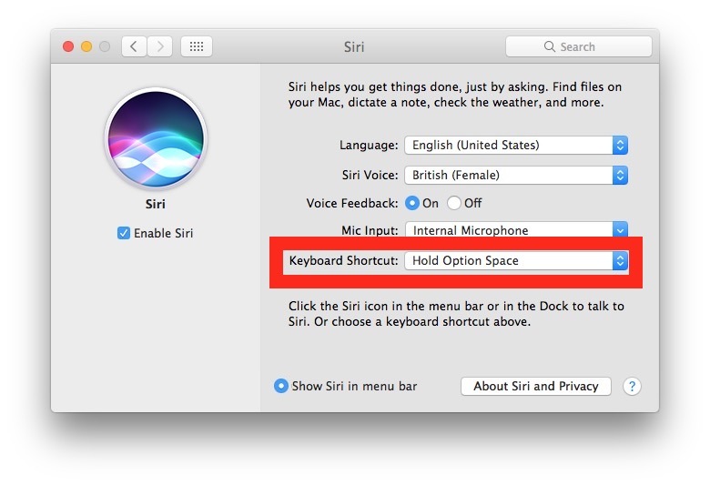 Изменение ярлыка клавиш Siri на Mac