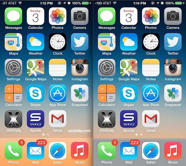 Цвет док-станции изменен с помощью iOS 7, показывающий разницу