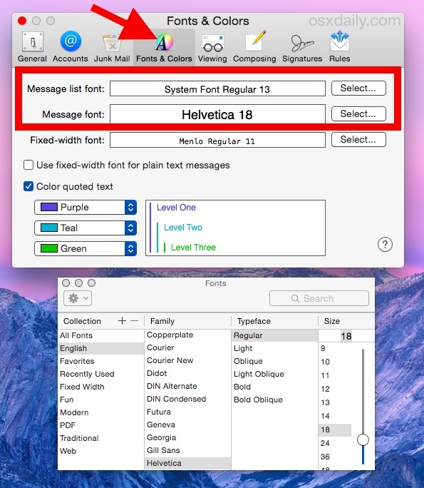 Изменение размера шрифта почты в Mac OS X