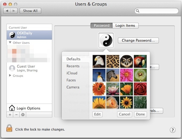 Изменение профиля профиля пользователя в Mac OS X с настройками по умолчанию