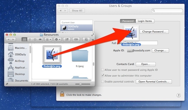 Перетащите изображение, чтобы изменить профиль пользователя Mac.