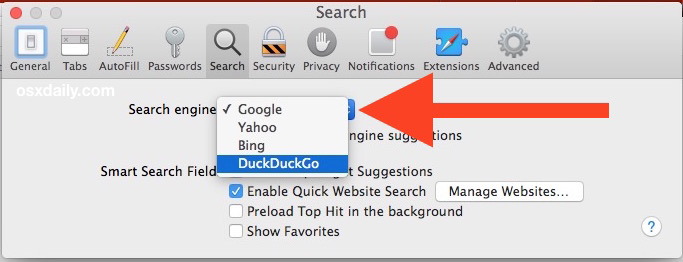 Изменение поисковой системы по умолчанию в Safari для Mac