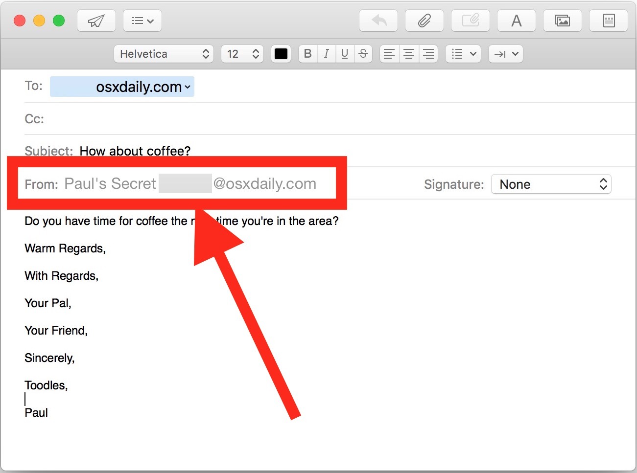 Изменение отправленного адреса электронной почты по электронной почте в приложении Mac Mail