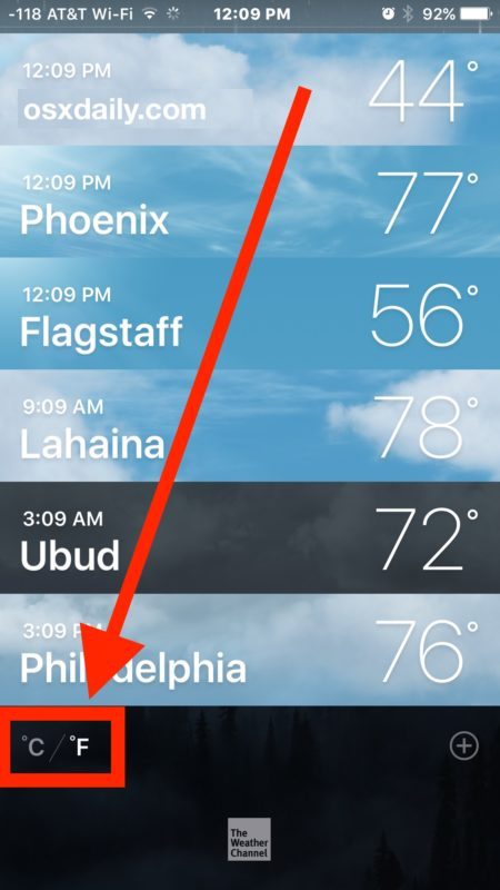 Переключить, чтобы изменить погоду от Цельсия до Фаренгейта или наоборот в приложении iPhone Weather